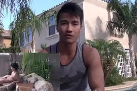 Muscly asian tugging cock