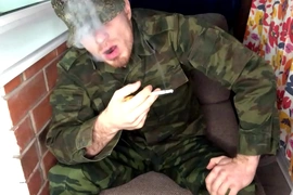 Soldier fucks young gay and cums on his boots / man moans / dirty talk / smoking